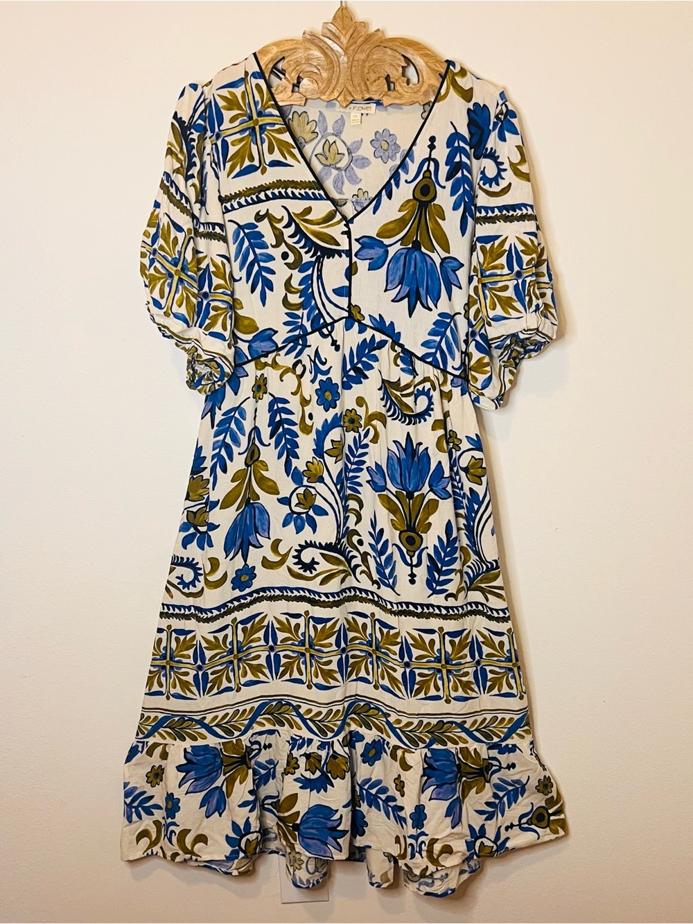 Fig + Flower 2X Blue Floral Linen Blend Puff Sleeve Midi Dress